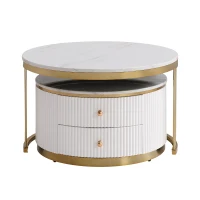 Modern Round Nesting Coffee Table Set with Drawers, MDF Top and Gold Legs, 2 Piece Set, 27.5" L x 27.5" W x 17.5" H, White+Gold(m-7)