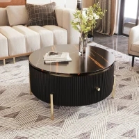 Modern Round Coffee Table with 2 Large Drawers, MDF Construction, Mrable Sofa Table with Golden Legs, 31.5" L x 31.5" W x 17" H, Black+Gold(m-1)