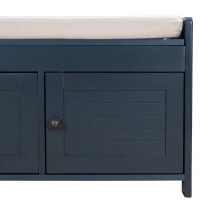 Rustic Storage Bench with Shutter-shaped Doors, Hidden Storage and Removable Cushion, 43.5" L x 16 " W x 18" H, Antique Navy(m-14)
