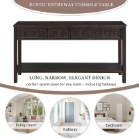 Rustic Entryway Console Table with Two Size Drawers, Bottom Shelf, Solid Timber Frame, Distressed Finish, 60" L x 11" W x 34" H, Dark Brown(m-4)
