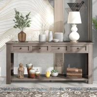 Rustic Elegant Console Table with 4 Storage Drawers, Bottom Shelf, Solid Wood Frame, All Tools Included, 63" L x 14" W x 30" H, Gray(m-1)