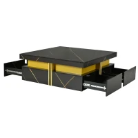 Modern Square Storage Coffee Table with 4 Functional Drawers, MDF Construction, Gold Accents, 43.5" L x 43.5" W x 16.5" H, Black+Gold(m-12)