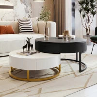 Modern Round Lift-top Nesting Coffee Tables with 2 Drawers, Space-saving Design, Storage Solutions, 31.5" L x 31.5.5" W x 22.5" H, White+Black(m-11)