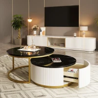 Modern Round Nesting Coffee Table Set with Storage Drawer, MDF Top and Metal Base, Fluted Design, 27.5" L x 27.5" W x 16" H, Black+Gold(m-10)