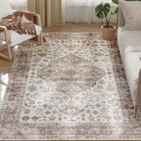 HOMCOM 4x6 Area Rug, Vintage Machine Washable Rug, Non-Slip Floor Carpet for Living Room, Bedroom, Dining Room, Tan(m-11)