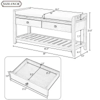 Multipurpose Entryway Storage Bench with Pine Wood Construction, Shoe Rack with Cushioned Seat and Drawers, 39" L x 14" W x 20" H, White(m-3)
