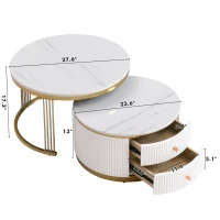 Modern Round Nesting Coffee Table Set with Drawers, MDF Top and Gold Legs, 2 Piece Set, 27.5" L x 27.5" W x 17.5" H, White+Gold(m-3)