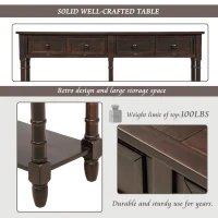 Console Table with Two Storage Drawers and Bottom Shelf, Easy Assembly, Solid Wood Frame, 58" L x 11" W x 34" H, Dark Brown(m-7)