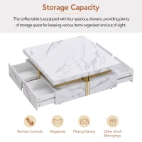 Modern Square Storage Coffee Table with 4 Drawers, MDF Construction, Ample Storage with Four Drawers, 43.5" L x 43.5" W x 16.5" H, White(m-5)