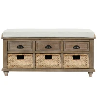 Rustic Storage Bench with 3 Drawers and Rattan Baskets, Acacia Wood Shoe Bench for Entryway, 42" L x 15.5" W x 19" H, White+Wood(m-2)