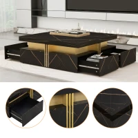 Modern Square Storage Coffee Table with 4 Functional Drawers, MDF Construction, Gold Accents, 43.5" L x 43.5" W x 16.5" H, Black+Gold(m-6)