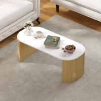 HOMCOM Coffee Table, Modern Marble-Effect Living Room Table with Round Corners and Thicken Legs, Natural Wood(m-9)