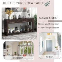 Rustic Chic Console Table with 4 Storage Drawers, Bottom Shelf, Solid Wood Frame, All Tools Included, 63" L x 14" W x 30" H, Dark Brown(m-4)