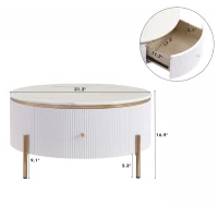 Modern Round Coffee Table with 2 Large Drawers, MDF Construction and Gold Legs, Sleek Modern Design, 31.5" L x 31.5" W x 17" H, White+Gold(m-3)