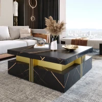 Modern Square Storage Coffee Table with 4 Functional Drawers, MDF Construction, Gold Accents, 43.5" L x 43.5" W x 16.5" H, Black+Gold(m-1)