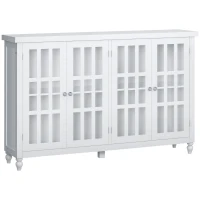 HOMCOM Sideboard, Buffet Cabinet with 4 Tempered Glass Doors, Stripe Pattern and Adjustable Storage Shelf, Credenza, White(m-1)