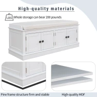 Storage Bench with 4 Doors and Adjustable Shelves, Shoe Bench with Removable Cushion for Entryway, 43" L x 16" W x 17.5" H, White(m-5)