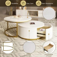 Modern Round Nesting Coffee Table Set with Fluted Design, Storage Drawer, MDF Top and Metal Base, 27.5" L x 27.5" W x 16" H, White+Gold(m-5)