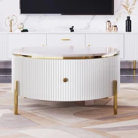 Modern Round Coffee Table with 2 Large Drawers, MDF Construction and Gold Legs, Sleek Modern Design, 31.5" L x 31.5" W x 17" H, White+Gold(m-11)