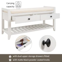 Multipurpose Entryway Storage Bench with Pine Wood Construction, Shoe Rack with Cushioned Seat and Drawers, 39" L x 14" W x 20" H, White(m-7)