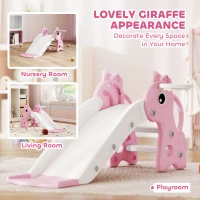 Qaba 3 in 1 Toddler Slide for Age 1-3, Kids Slide with Climber, Basketball Hoop and Ball, Giraffe Design, Pink(m-5)