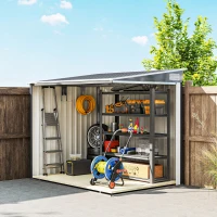 Outsunny 5'x7' Lean to Galvanized Metal Shed with Foundation, Garden Tool Storage House with Sliding Door and 2 Vents, Dark Grey(m-10)