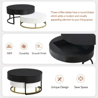 Modern Round Lift-top Nesting Coffee Tables with 2 Drawers, Space-saving Design, Storage Solutions, 31.5" L x 31.5.5" W x 22.5" H, White+Black(m-6)
