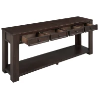 Rustic Chic Console Table with 4 Storage Drawers, Bottom Shelf, Solid Wood Frame, All Tools Included, 63" L x 14" W x 30" H, Dark Brown(m-8)