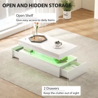 HOMCOM LED Coffee Table, Living Room Table with 2 Drawers and Open Shelf, High Gloss White(m-5)
