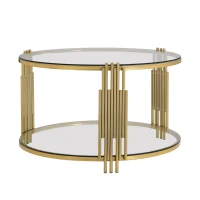 Modern Glass Coffee Table with Asymmetrical Metal Design, Circular Drum Base, Sofa Table with Lower Shelf, 31.5" L x 31.5" W x 20" H, Gold(m-2)