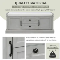 Storage Bench with 4 Doors and Adjustable Shelves, Removable Cushion for Entryway, 43" L x 16" W x 17.5" H, Gray(m-5)