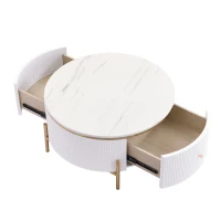 Modern Round Coffee Table with 2 Large Drawers, MDF Construction and Gold Legs, Sleek Modern Design, 31.5" L x 31.5" W x 17" H, White+Gold(m-9)