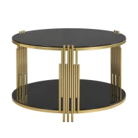 Modern Asymmetrical Coffee Table with Black Mirror Top, Circular Metal Drum Base and Lower Shelf, 31.5" L x 31.5" W x 20" H, Black(m-2)