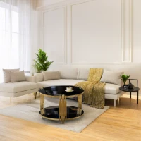 Modern Asymmetrical Coffee Table with Black Mirror Top, Circular Metal Drum Base and Lower Shelf, 31.5" L x 31.5" W x 20" H, Black(m-1)