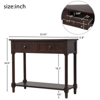 Daisy Series Console Table with Two Drawers and Bottom Shelf, Traditional Design, Pine Wood Frame, 35.5" L x 14" W x 30" H, Dark Brown(m-3)