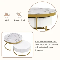 Modern Round Nesting Coffee Table with Drawers, MDF and Metal Pedestal Base, Durable Construction, 31.5" L x 31.5" W x 17" H, Gold+White(m-8)