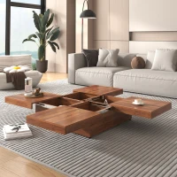 Square Marble Veneer Coffee Table with Sliding Top and Storage, Modern Sofa Table with MDF Construction, 39.5" L x 39.5" W x 10" H, Walnut(m-9)