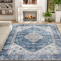 HOMCOM 8x10 Area Rug, Vintage Washable Rug, Non-Slip Floor Carpet for Living Room, Bedroom, Dining Room, Blue(m-11)