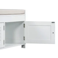 Rustic Storage Bench with Shutter-shaped Doors, Removable Cushion and Hidden Storage, 43.5" L x 16 " W x 18" H, White(m-11)