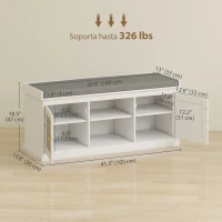 HOMCOM Shoe Bench with Padded Cushion, Boho Entryway Bench with Rattan Doors and Adjustable Shelves, Holds 9 Pairs, White(m-3)