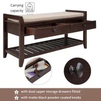 Shoe Rack with Cushioned Seat and Drawers, Pine Wood Construction, Multipurpose Entryway Storage Bench, 39" L x 14" W x 20" H, Dark Brown(m-5)