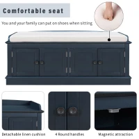 Storage Bench with 4 Doors and Comfortable Seating, Adjustable Shelves and Removable Cushion for Entryway, 43" L x 16" W x 17.5" H, Antique Navy(m-7)