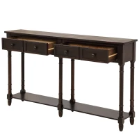 Console Table with Two Storage Drawers and Bottom Shelf, Easy Assembly, Solid Wood Frame, 58" L x 11" W x 34" H, Dark Brown(m-8)