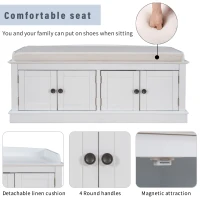 Storage Bench with 4 Doors and Adjustable Shelves, Shoe Bench with Removable Cushion for Entryway, 43" L x 16" W x 17.5" H, White(m-7)