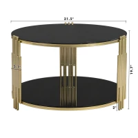 Modern Asymmetrical Coffee Table with Black Mirror Top, Circular Metal Drum Base and Lower Shelf, 31.5" L x 31.5" W x 20" H, Black(m-3)