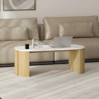 HOMCOM Coffee Table, Modern Marble-Effect Living Room Table with Round Corners and Thicken Legs, Natural Wood(m-7)