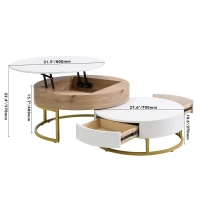 Modern Round Lift-top Nesting Coffee Tables with Hydraulic Lifting System, Space-saving Design, 31.5" L x 31.5" W x 16" H, Natural+White(m-3)