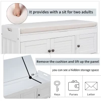 Rustic Storage Bench with Shutter-shaped Doors, Removable Cushion and Hidden Storage, 43.5" L x 16 " W x 18" H, White(m-6)