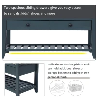 Shoe Rack with Cushioned Seat and Drawers, Pine Wood Frame, Multipurpose Entryway Storage Bench, 39" L x 14" W x 20" H, Antique Navy(m-7)