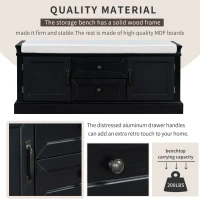 Storage Bench with Multi-Purpose Storage and Adjustable Shelves, Removable Cushion for Entryway, 43" L x 16" W x 17.5" H, Black(m-5)